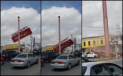 Vientos de hasta 80 km/h provocan caída de espectacular sobre un automóvil en Matamoros