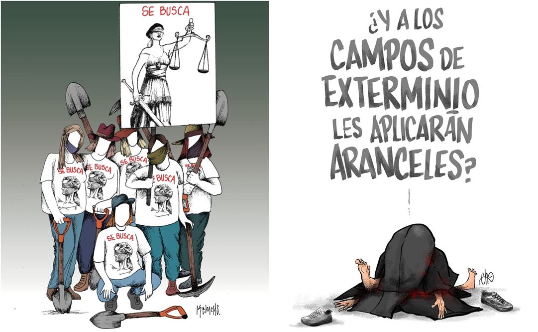 Cartones que hablan de la tragedia de Teuchitlán. Fotos: Kemchs y Chavo del Toro