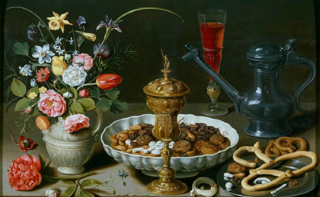 Bodegón con flores, copa de plata dorada, almendras, frutos secos, dulces, panecillos, vino y jarra de peltre. (Foto: Cortesía Museo del Prado)