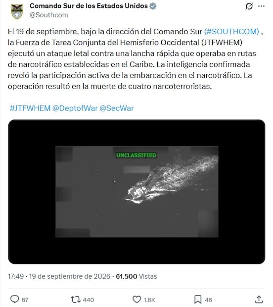 Comando Sur de los Estados Unidos a través de X. (19/09/2026). Foto: Captura de pantalla @Southcom