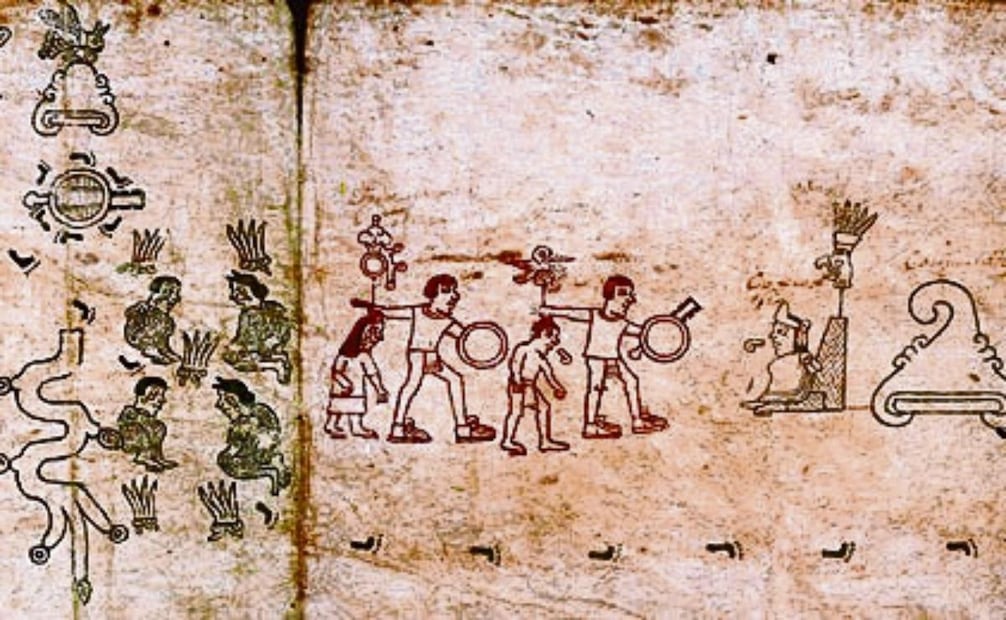 Huitzilihuitl y Chimallaxochitl, principales del grupo mexica, capturados tras su expulsión de Chapultepec. Foto: BIBLIOTECA NACIONAL DEL INAH