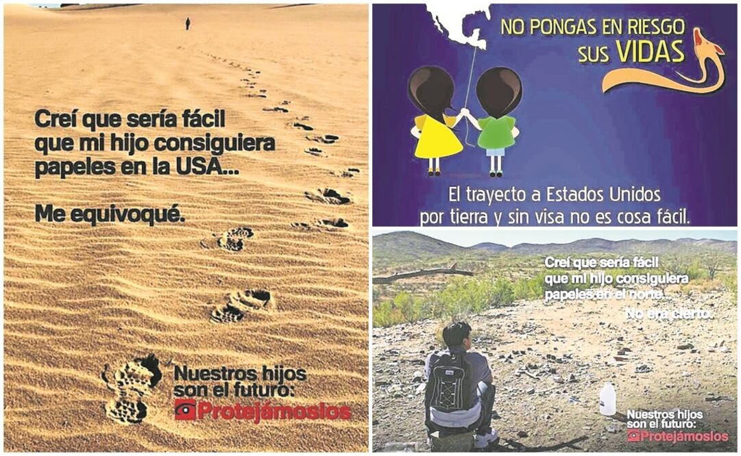 Algunos de los anuncios que se difundieron en 2014 en los países del Triángulo Norte: El Salvador, Honduras y Guatemala, además de en México, para tratar de impedir que los migrantes emprendieran el viaje a Estados Unidos. CORTESÍA LA PATRULLA FRONTERIZA