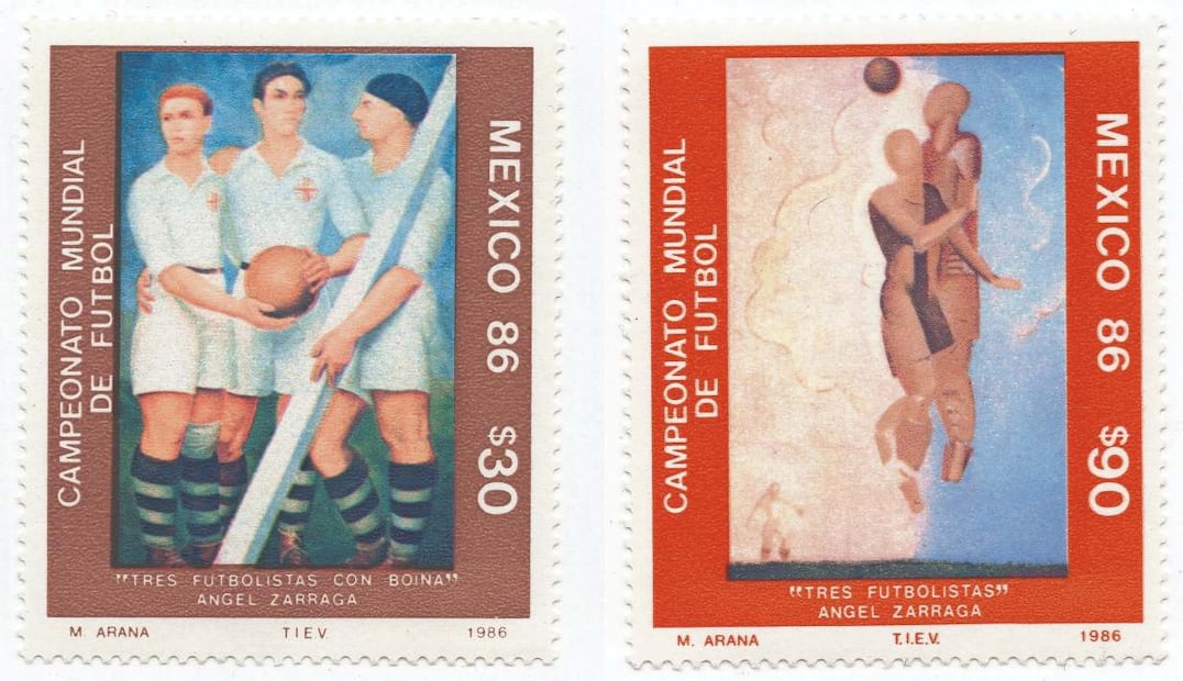 A la izquierda:Tres futbolistas con boina. La obra del artista fue una de las cinco estampillas conmemorativas del Mundial de 1986. CORTESÍA Agustín Matías Merchant
A la derecha: Tres futbolistas (1931) es otra de las pinturas de Zárraga reproducidas en las estampillas mundialistas de 1986. Crédito: CORTESÍA Agustín Matías Merchant