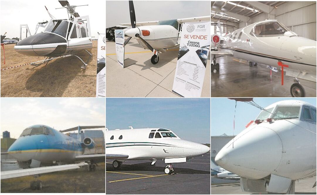 Estas son las naves a subastar (de izquierda a derecha): Helicópteros Bell/11 mil 701, Aviones tipo Cessna/693, Leartjet/37, Avión Grumman/5 mil 331, Aeronaves Sabreliner/6 mil 536, Gulfstream y Grumman II/379 Fotos: Especiales