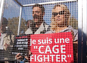 Pamela Anderson protesta encerrada en una jaula