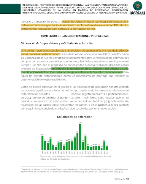 El dictamen propone que la Auditoría Superior de la Federación elimine la solicitud de aclaración con la finalidad de evitar dilaciones en los procesos de fiscalización.