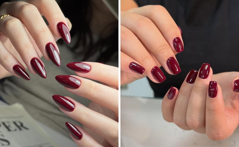 Uñas burgundy. Foto: Instagram @nailsbyandrea.ph, @lamssahbeautystudio