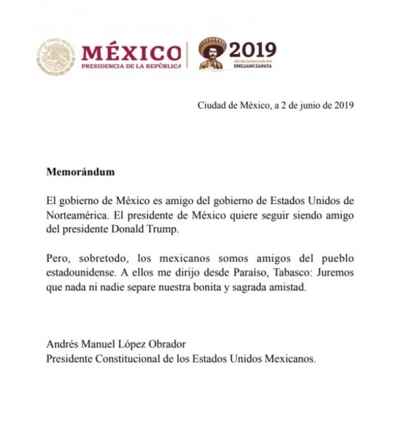 AMLO envía memorándum de amistad a Estados Unidos
