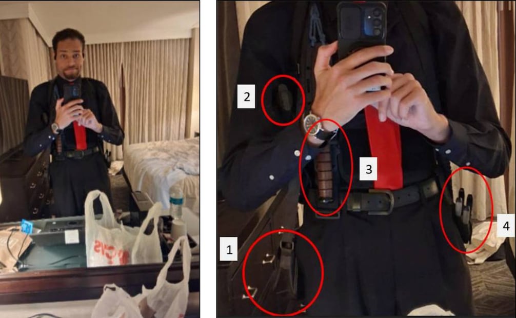 Esta imagen, contenida en un documento judicial del Departamento de Justicia, del 29 de abril de 2026, muestra a Cole Tomas Allen dentro de su habitación de hotel, el sábado 25 de abril de 2026 en Washington, usando su teléfono móvil para fotografiarse en el espejo. Foto: AP