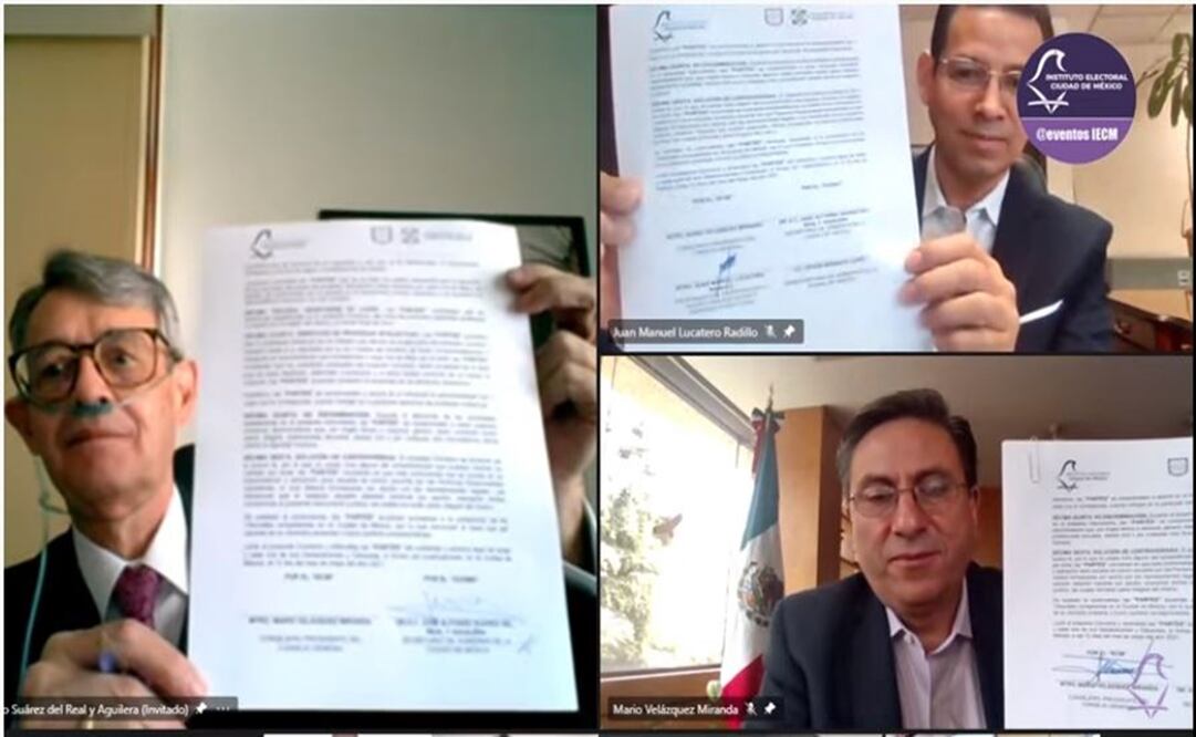 El acto protocolario para la firma del Convenio estuvo encabezado por el Presidente del IECM, Mario Velázquez Miranda, y el Secretario de Gobierno de la CDMX, José Alfonso Suárez del Real. Foto: Especial