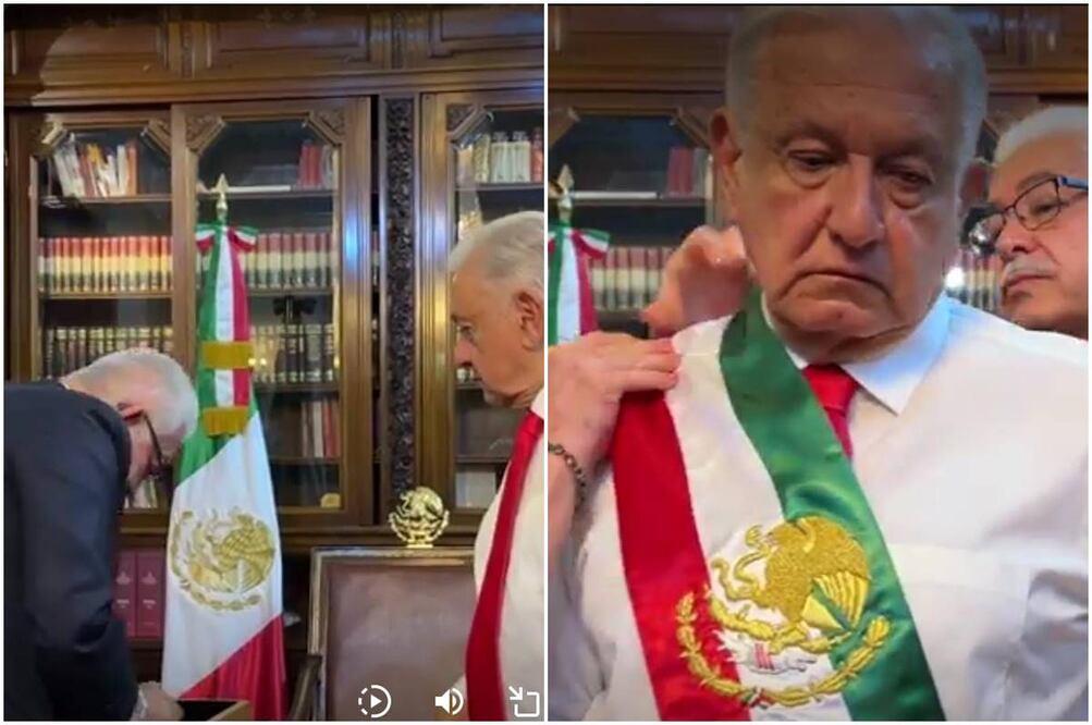 El senador, Alejandro Esquer Verdugo ayuda al presidente Andrés Manuel López Obrador a colocarse la Banda Presidencial. Foto: Especial