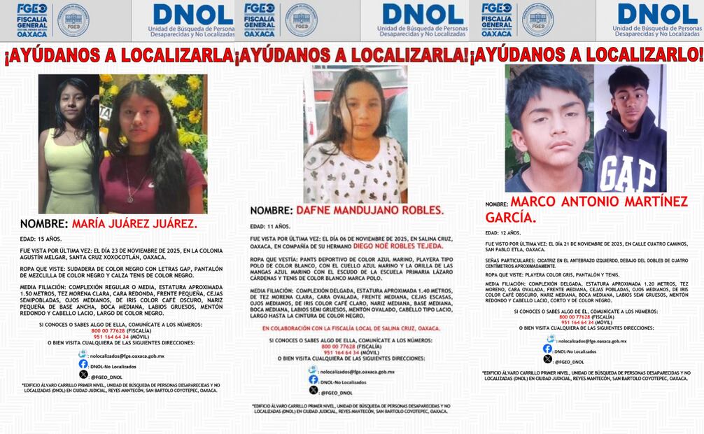 Suman 10 menores desaparecidos en Oaxaca en el mes de noviembre.
Foto: Especial.
