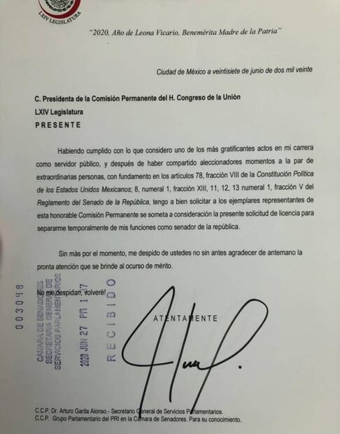 Ramírez Marín pide licencia al Senado