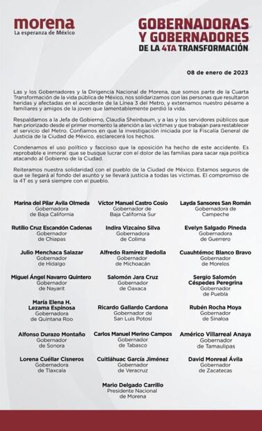 Accidente Línea 3: Tras tragedia en el Metro, gobernadores de la 4T apoyan a Claudia Sheinbaum y víctimas