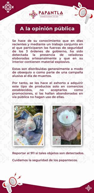 Comunicado por alerta de velas explosivas (28/10/2025). Foto: Especial