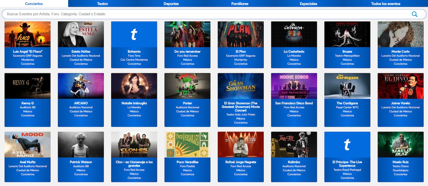 Puedes buscar el evento por artista, categoría, foro, ciudad o estado. Foto: Ticketmaster.com