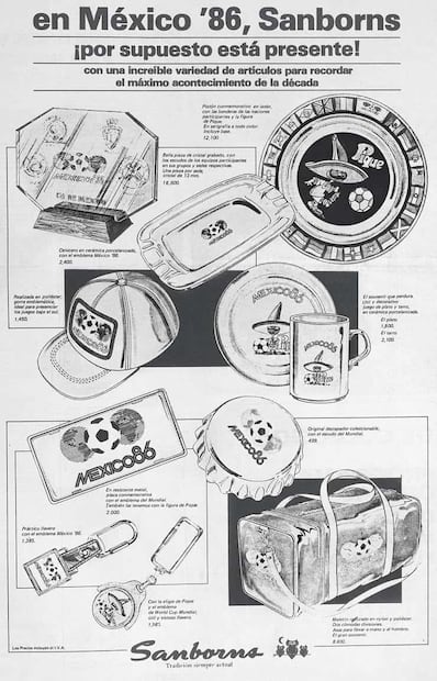 Publicidad de una conocida tienda para la venta de objetos conmemorativos del mundial México 86. Estaba disponible un adorno de cristal grabado, con los escudos de cada selección participante, a 16 mil 500 pesos; un platón conmemorativo, con las 24 banderas de selecciones participantes y la mascota Pique, a 12 mil 100 pesos. Foto: Hemeroteca EL UNIVERSAL