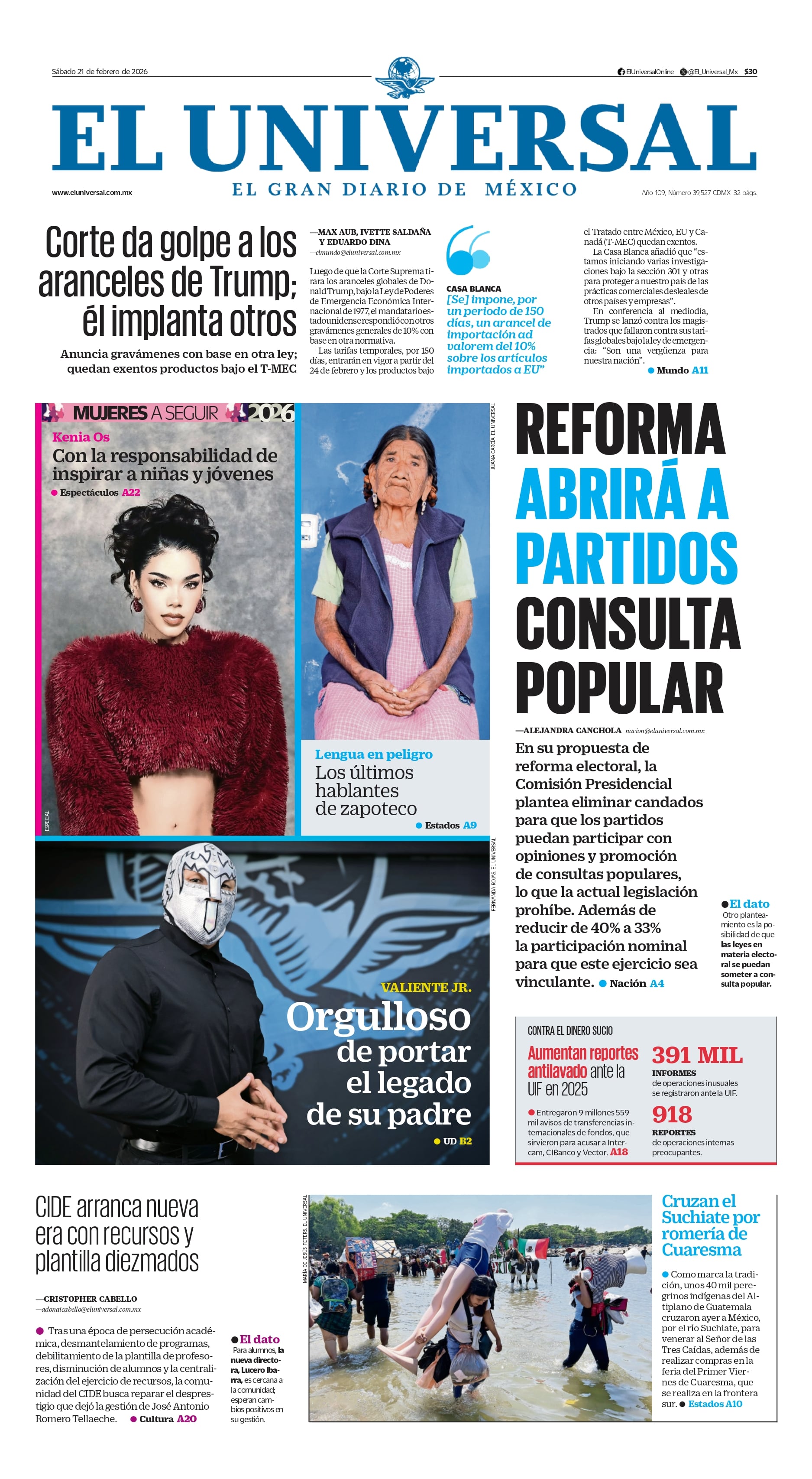 Portada impresa del 21 de febrero de 2026