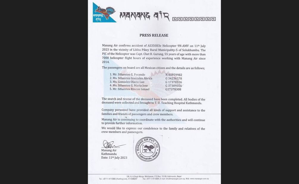 La compañía Manang Air difundió un comunicado donde identifica a los mexicanos y da a conocer los números de registro del ticket de vuelo. Foto: Captura de pantalla