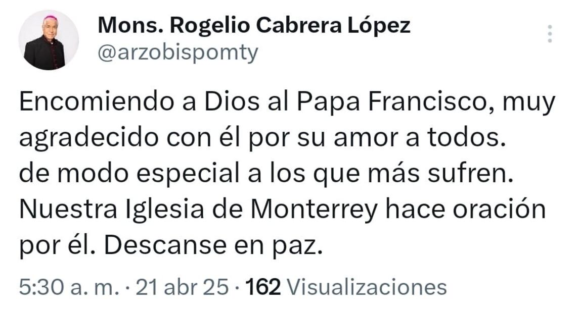 Arquidiócesis de Monterrey lamenta muerte del Papa Francisco: Foto: Captura de pantalla