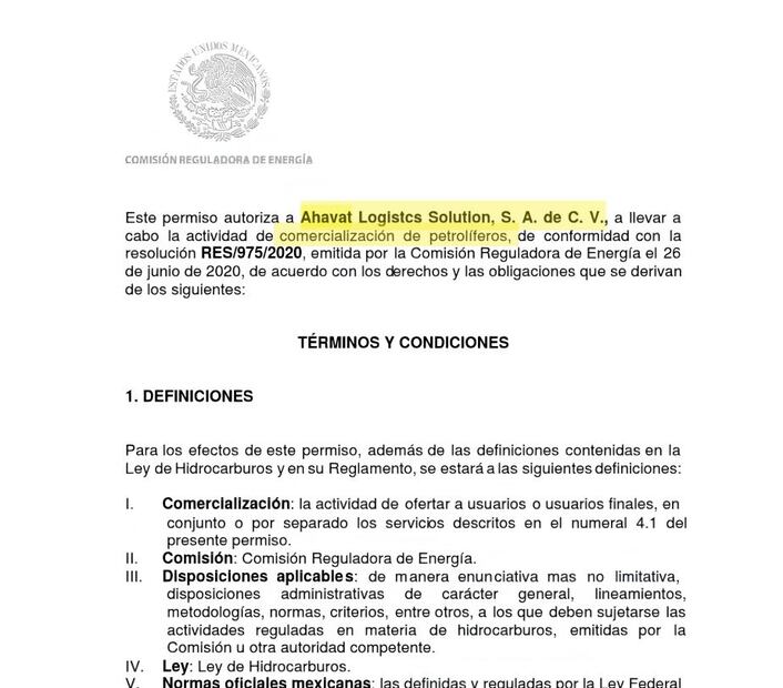 En junio de 2020, la entonces Comisión Reguladora de Energía autorizó a Ahavat Logistics Solution la venta de petrolíferos al interior del país. Foto: captura de pantalla. EL UNIVERSAL