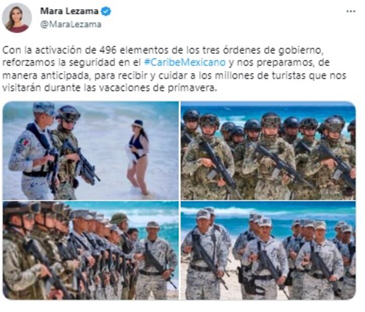 La gobernadora de Quintana Roo compartió en sus redes sociales que, de manera anticipada, refuerzan la seguridad para recibir a turistas Foto: Captura de pantalla
