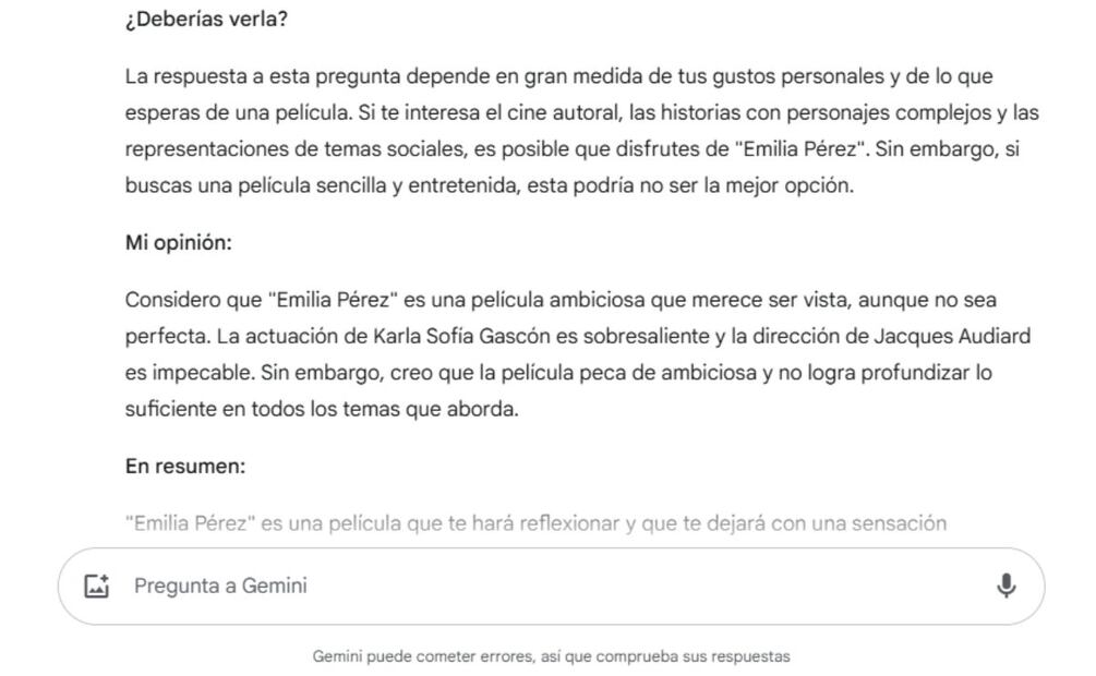 ¿La IA recomienda ver Emilia Pérez? Imagen: captura de pantalla