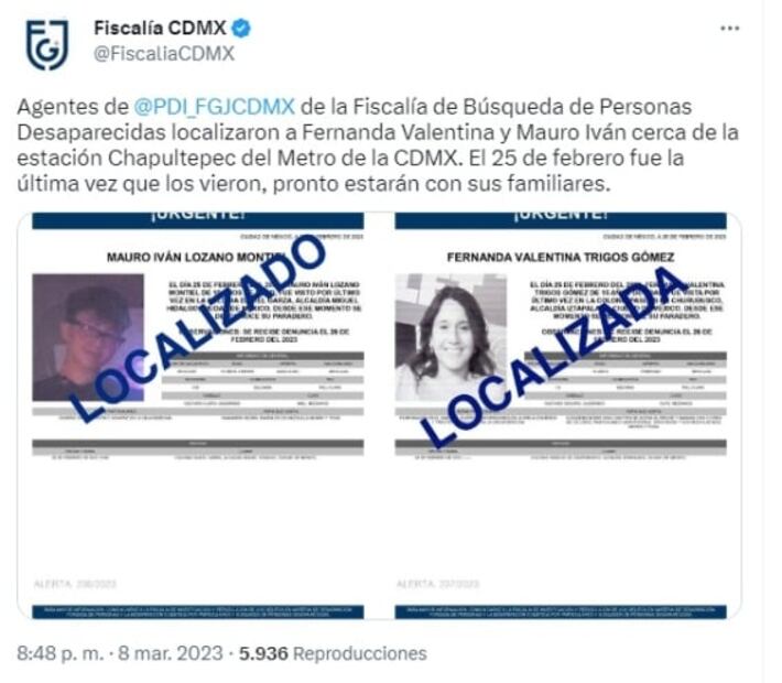 Cerca del Metro Chapultepec hallan con vida a Fernanda Trigos y a Mauro Lozano, adolescentes desaparecidos desde febrero