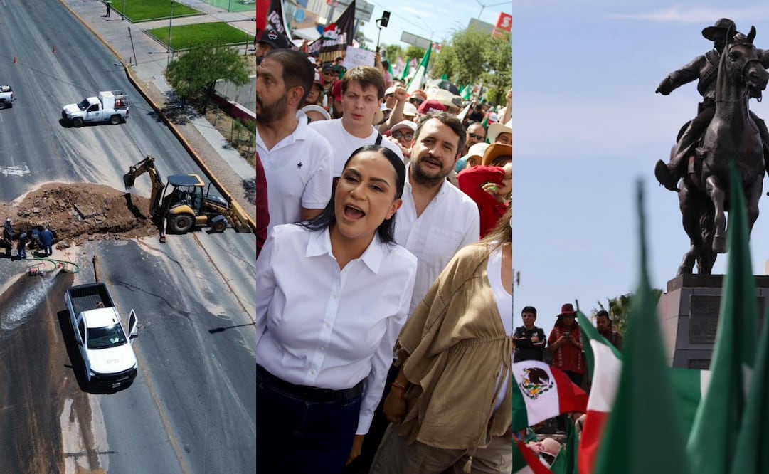 Bloqueo en una vialidad de Chihuahua, la dirigente nacional de Morena, Ariadna Montiel, el secretario de organización morenista Andrés Manuel López Beltran, y la glorieta de Pancho Villa. Fotos: X @A_MontielR