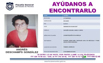 Buscan a Andrés Deschamps, de 20 años, desaparecido en Temixco, Morelos