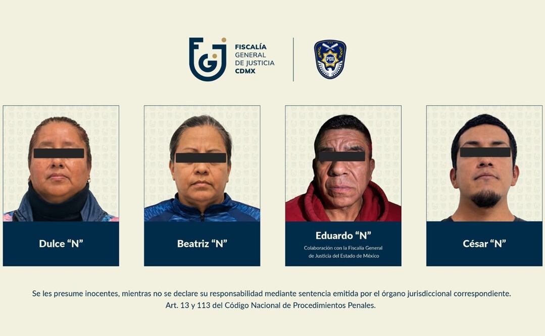 Dulce “N” y Beatriz “N” fueron aprehendidas en la alcaldía Venustiano Carranza; mientras que César “N”, en Gustavo A. Madero, y Eduardo “N”, en el municipio de Ecatepec de Morelos, Estado de México. Foto: Fiscalía General de Justicia capitalina