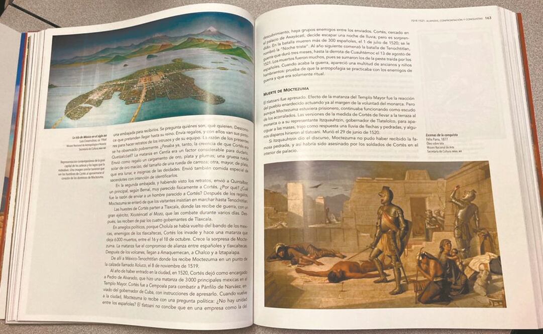 Páginas del libro que describe cronológicamente la historia y formación de México. Fotos: ESPECIAL