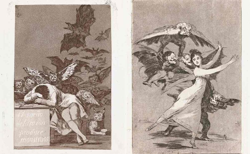 El sueño de la razón, produce monstruos y No te escaparás, también de Los Caprichos. Foto: “Goya. La obra gráfica completa”