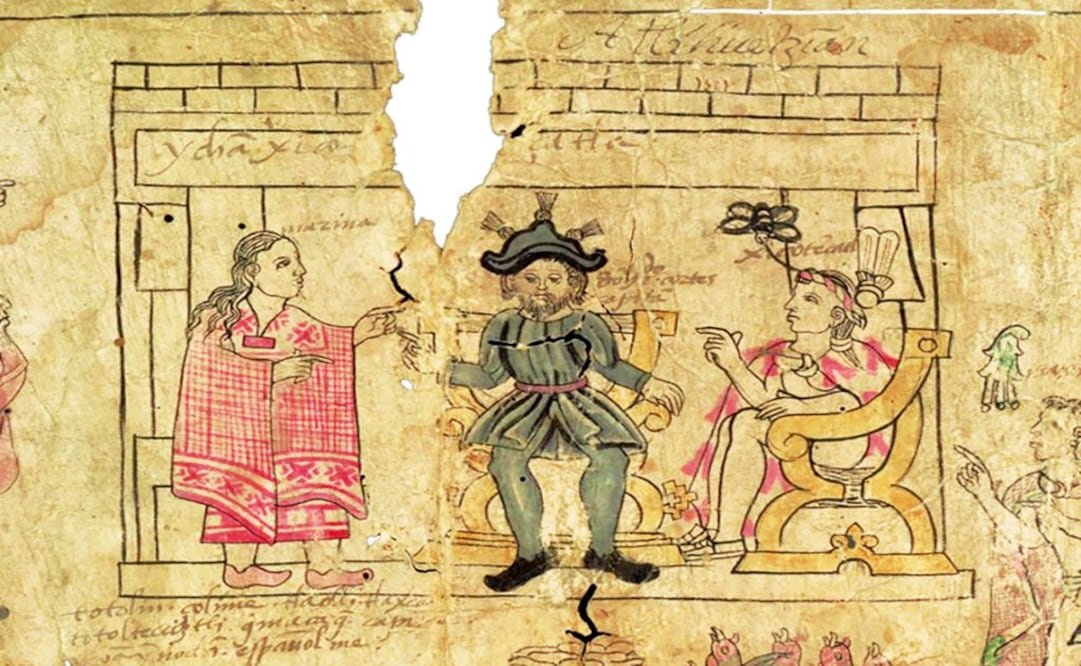 Detalle del “Fragmento de Texas”, del Lienzo de Tlaxcala, donde aparece Doña Marina vestida con huipilli y un cueitl (una especie de falda).