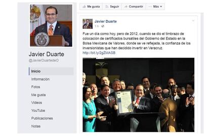 Publican en cuenta de Facebook de Javier Duarte