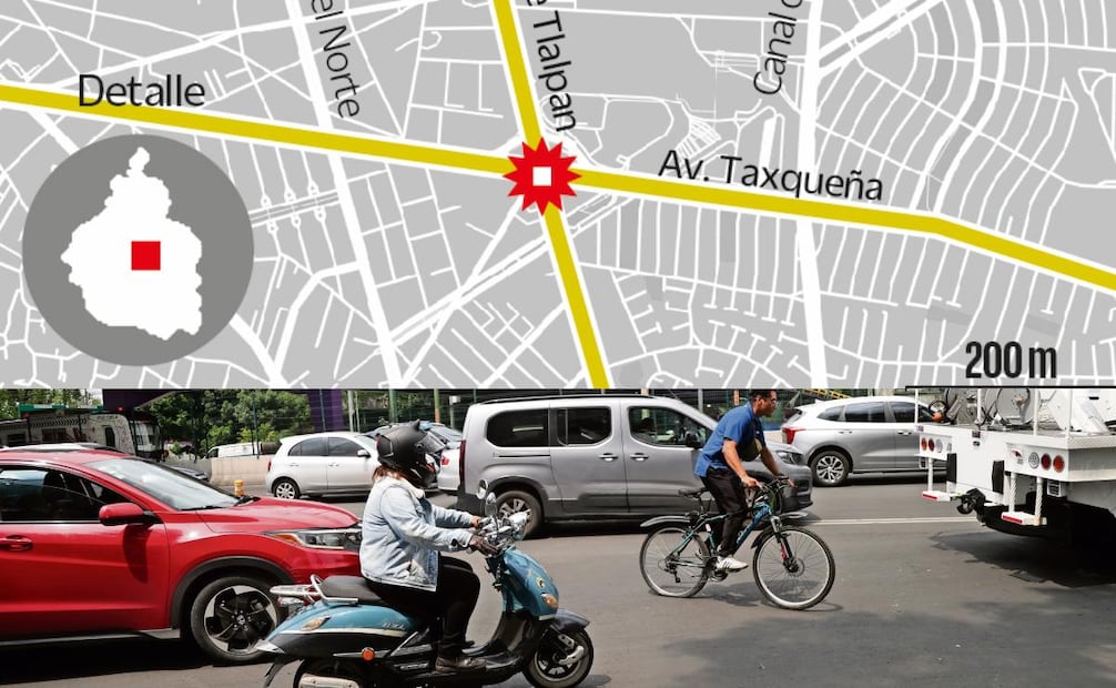La intersección de Calzada de Tlalpan y avenida Taxqueña registró 105 siniestros viales de 2023 a 2025. Foto: Carlos Mejía y Santiago Cadena