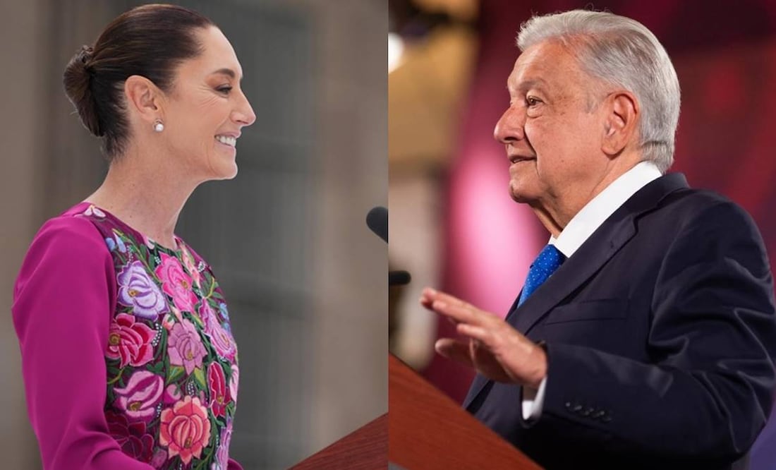 La presidenta Claudia Sheinbaum durante su informe por los 100 días de administración / El expresidente Andrés Manuel López Obrador durante una de sus mañaneras. Fotos: Presidencia