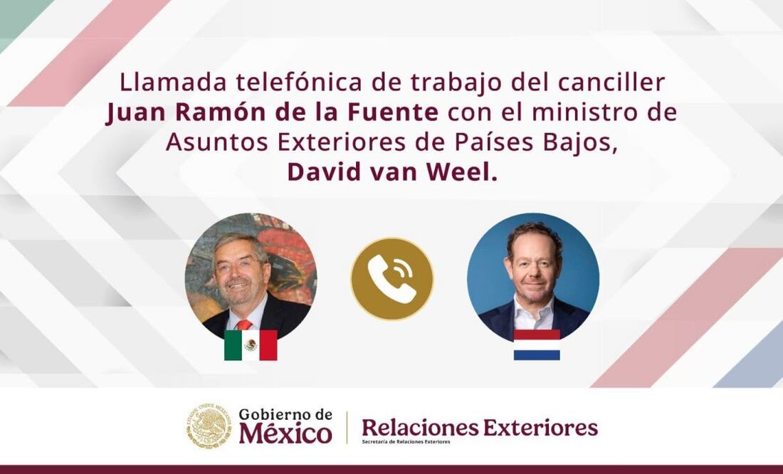 El canciller Juan Ramón de la Fuente dialogó con el ministro de Asuntos Exteriores de Países Bajos, David van Weel, vía llamada telefónica este martes 18 de noviembre de 2025. Foto: Especial