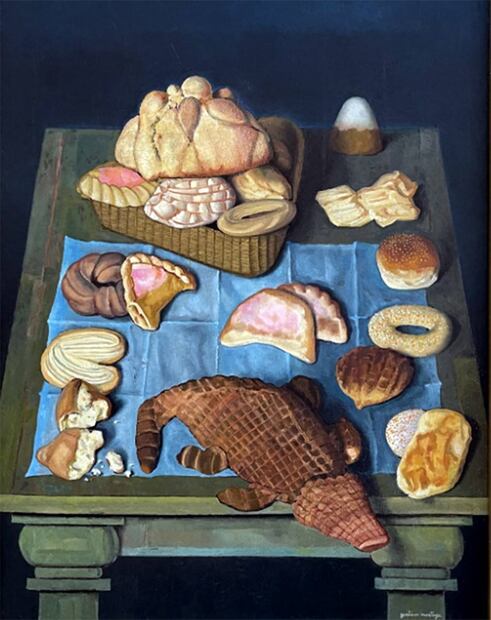 Bodegon con panes mexicanos, pintado por Gustavo Montoya en 1951. Junto con el pan "de cocodrilo", el pan de muerto es uno de los más grandes. Foto: Instagram @obrasdeartecomentadas.