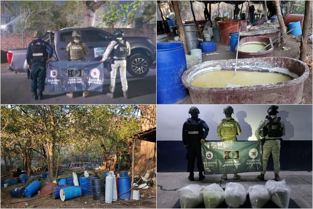 Elementos del Ejército, GN y de la SSP del estado aseguraron un laboratorio donde se elaboraba droga sintética. Foto: Especial