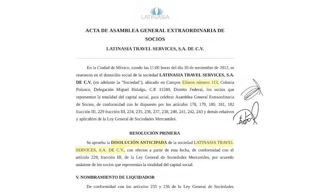 Acta de disolución anticipada Latinasia Travel Services. Foto: Captura