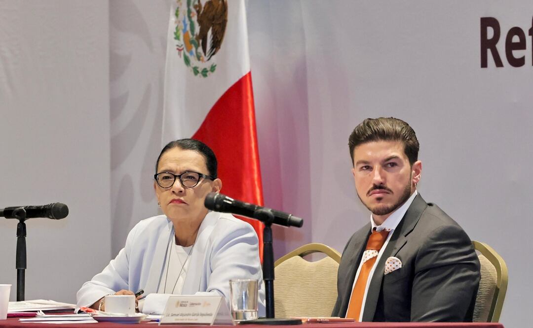 Rosa Icela Rodríguez, titular de la Segob junto al gobernador de Nuevo León Samuel García (23/10/2025). Foto: Especial