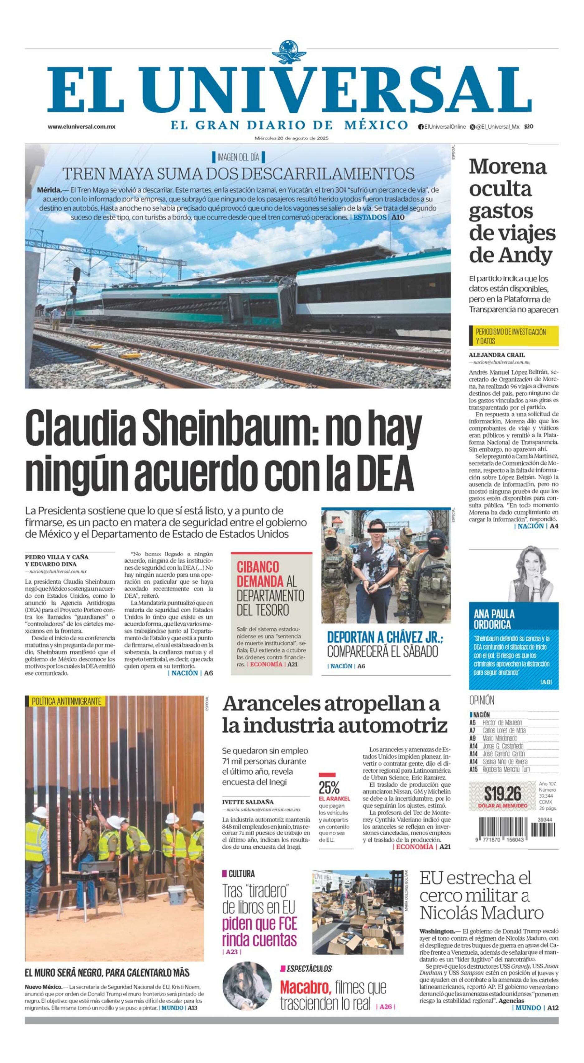 Portada impresa del 20 de agosto de 2025