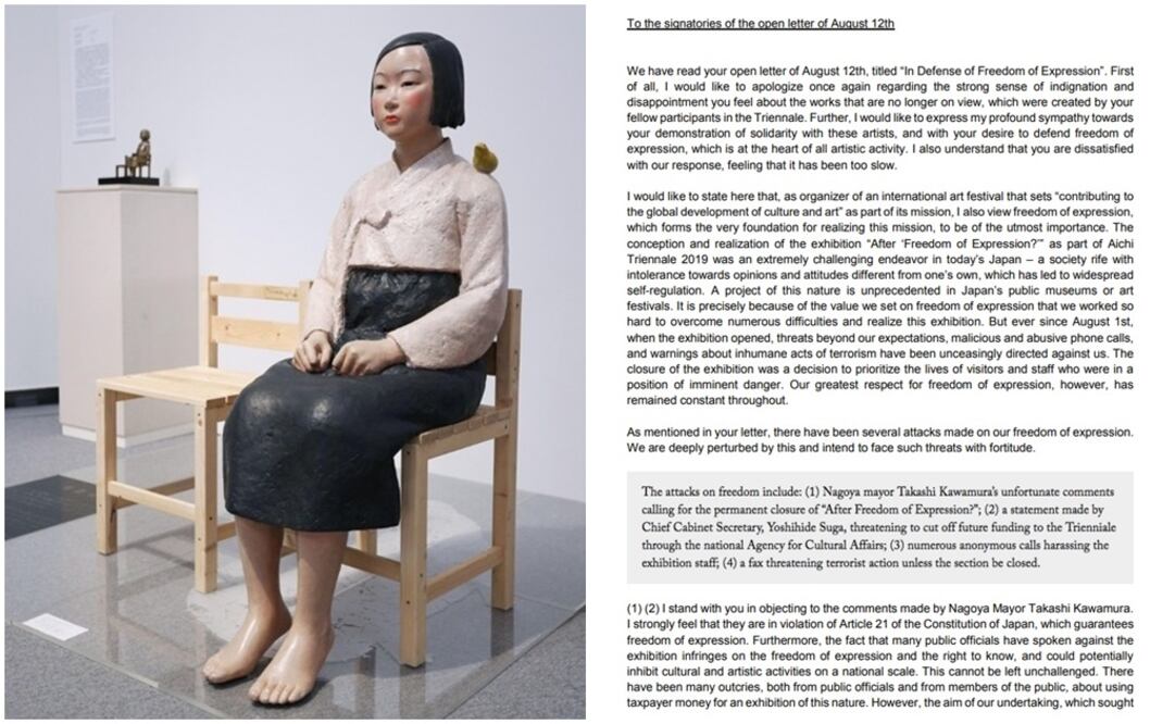 "Estatua de una niña de la paz" fue una de las obras censuradas en la Trienal de Aichi (izq.) y captura de pantalla de la carta que envió el director artístico del festival de arte. Fotos: Cortesía y captura de pantalla
