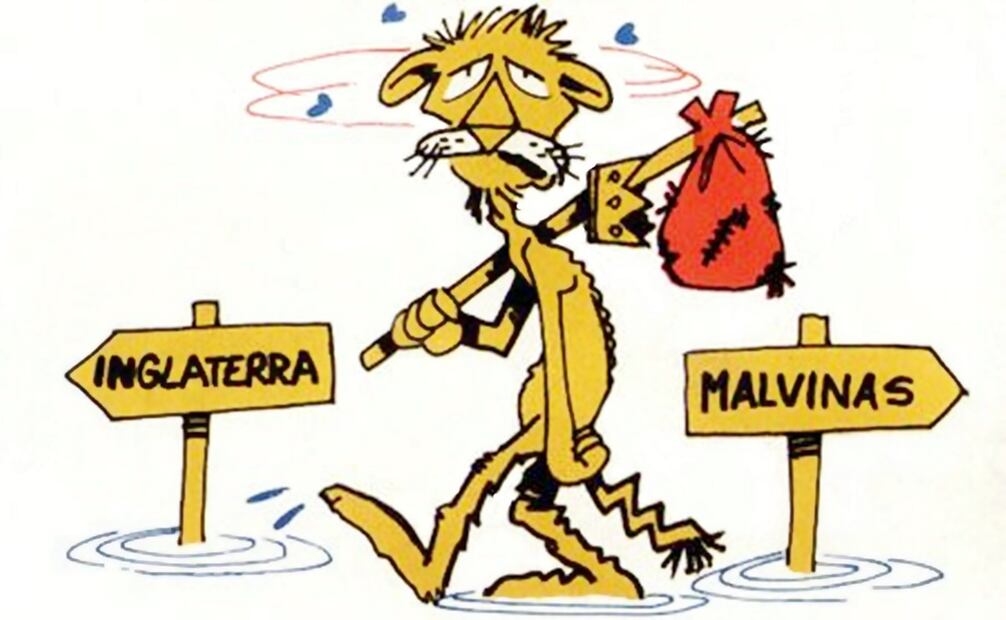 Caricatura sobre el difícil regreso de la representación británica desde las Malvinas. El león característico del escudo de Reino Unido cuelga cansado su corona después de viajar más de 12 mil kilómetros. Foto: ESPECIAL