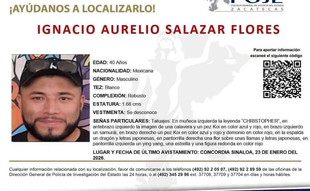 Ficha de búsqueda de Ignacio Aurelio Salazar Flores, ingeniero zacatecano desaparecido en Sinaloa (08/02/2026). Foto: Especial