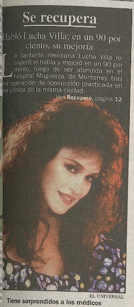 Lucha Villa sorprendió a los médicos por su recuperación. Publicado en EL UNIVERSAL, 4 de septiembre de 1997.