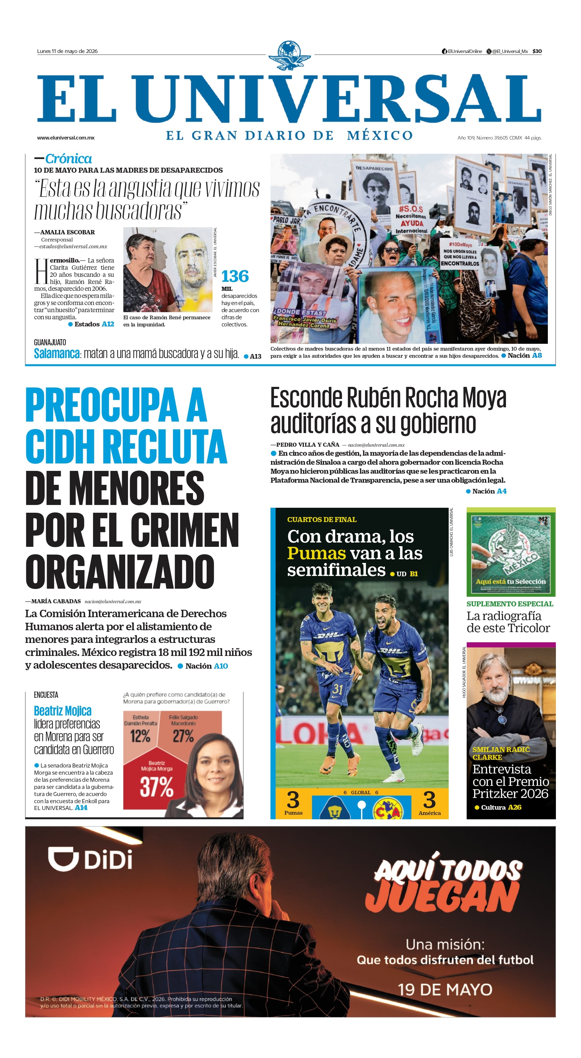 Portada impresa del 11 de mayo de 2026