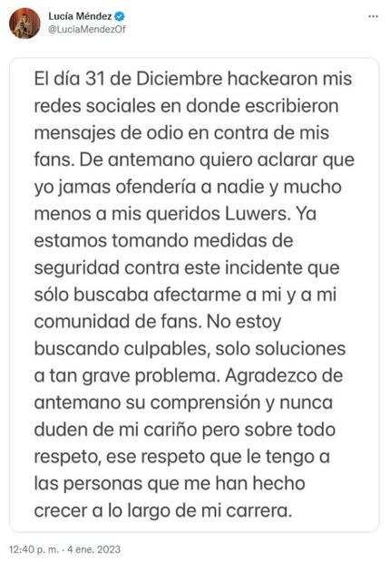 Hackean cuenta de Lucía Méndez para mandarle mensajes de odio