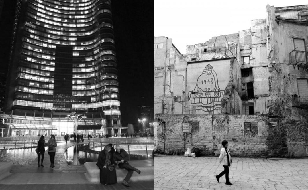 People join the Gae Aulenti square in Porta Nuova districd downtown Milan, northern Italy – Photo: Stefano Rellandini/REUTERS (right) and a woman walking past an abandoned building in Palermo, southern Italy – Photo: Guglielmo Mangiapane/REUTERS (left)